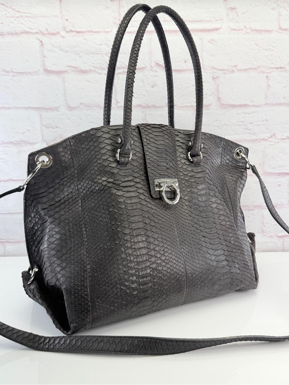Salvatore Ferragamo Black Python Tote Large Bag